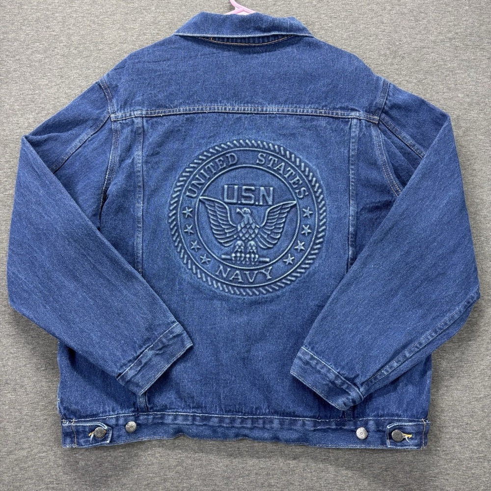 United States Navy Denim Trucker Jacket Mens 2XL Embossed Seal Blue Made In USA